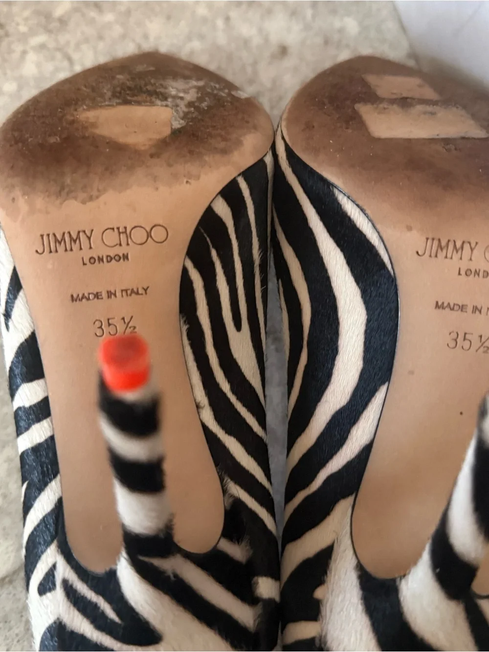 Jimmy Choo Black and White Animal-Print Pointed Pumps with Orange Lining